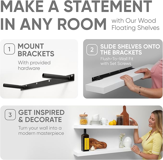 Homeforia White Floating Shelf 48 inches, High End Solid Real Wood 48inch Long Floating Shelves for Wall Mounted, White Wooden 48in Floating Shelves, Heavy Duty Bracket, 48 X 6.5 X 1.75 inch, Set of 2-Ruum Studio Home