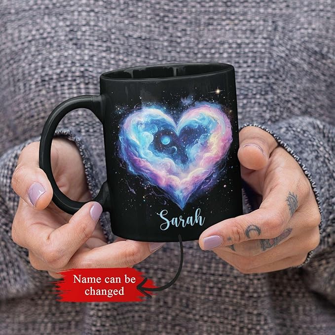 Personalized Love Heart Ceramic Mug, Custom Name Black Cup 11oz Or 15oz, Customized Celestial Themed Coffee Mug, Valentine's Day Themed Keepsake Cup, Gift For Him Her, Heart Mug-Ruum Studio Home