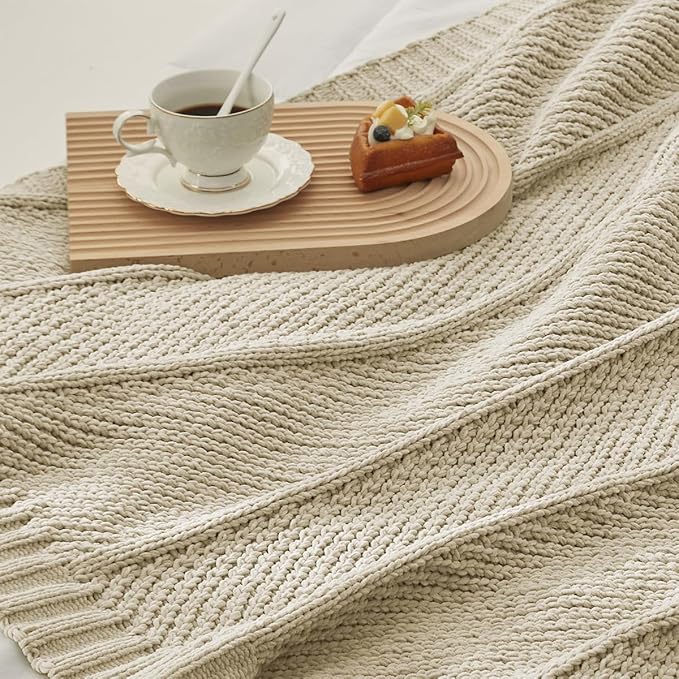 Amélie Home Chenille Knit Throw Blanket for Couch, Chevron Texture Decorative Soft Blanket for Sofa, Bed & Chair, 50"x60", Beige-Ruum Studio Home