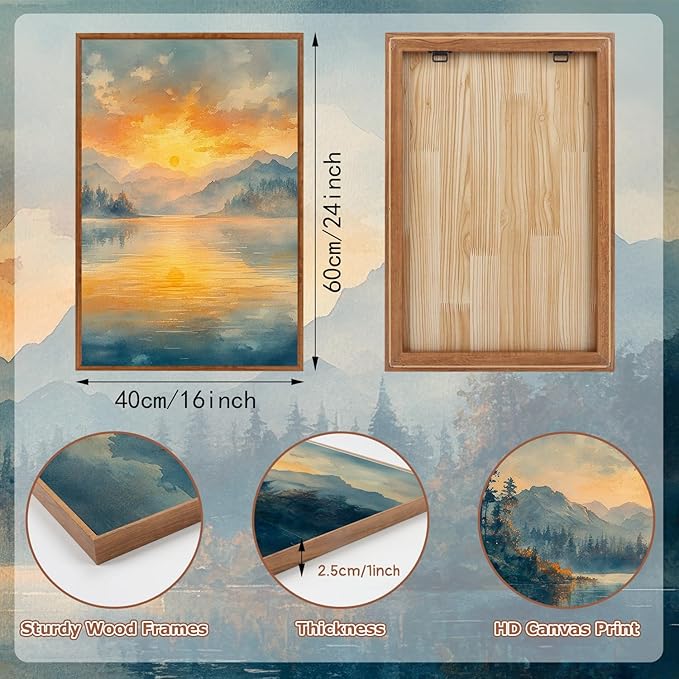 KAlRNE Sunset Mountain Canvas Wall Art,Abstract Scenery Wall Painting,Blue Landscape Lake Pictures,Watercolor Mountains Forests Art Prints For Living Room Bedroom Office Decoration - Framed 16X24 Inch-Ruum Studio Home
