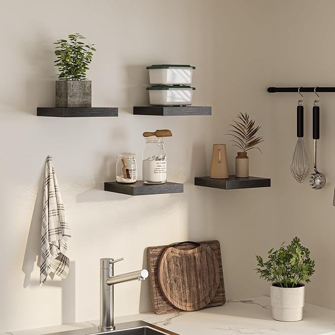 Square Floating Shelves for Wall, 10" W x 10" D x 1.2" H, Small Wooden Wall Mounted Display Shelves with Invisible Brackets for Living Room, Bedroom, Bathroom, Kitchen Decor, Set of 4, Black-Ruum Studio Home