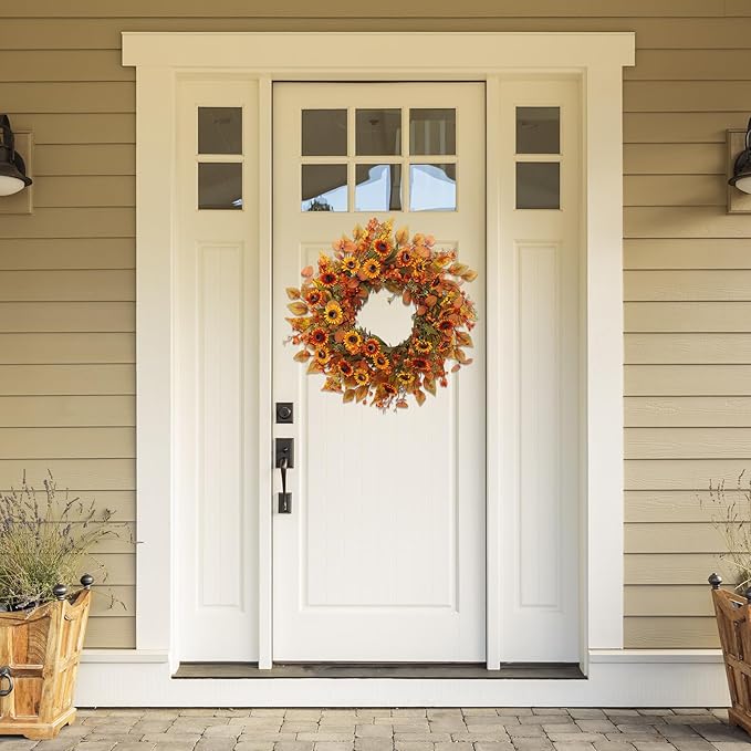 22 inch Artificial Fall Wreaths for Front Door,Autumn Wreath with Eucalyptus Leaves and Chrysanthemum Suitable for Indoor Outdoor Harvest Festival Thanksgiving Day Farmhouse Holiday Decor.-Ruum Studio Home