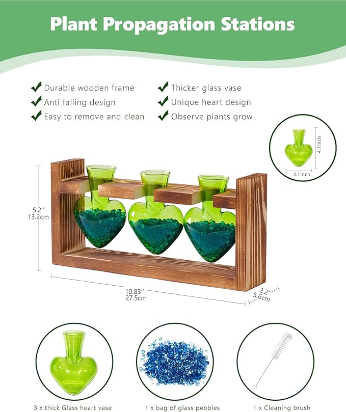 Nacome Plant Terrarium for Office Decor: Birthday Gifts for Plant Lovers Women Mom Wife - Wooden Stand Tabletop Planter 3 Bulb Glass Vase Heart Shaped for Hydroponics Indoor Home(Green)-Ruum Studio Home