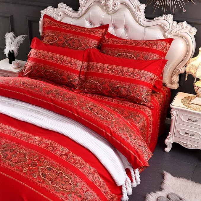 ABREEZE Queen Duvet Covers, Bohemian Retro Bedding Set, Coloful Mandala Down Comforter Cover, Boho Floral Style Quilt Cover, 100% Brushed Cotton, 1 Duvet Cover and 2 Pillow Shams,Red-Ruum Studio Home
