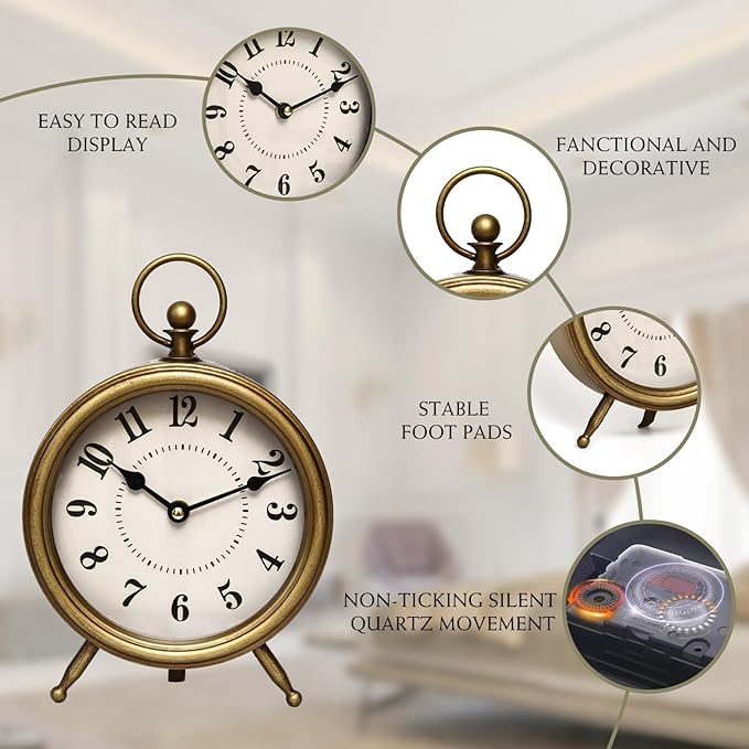 Vintage Table Clock on Stand, Decorative Desk and Shelf Clock Farmhouse Mantel Non-Ticking Clock Rustic Metal Frame with Antique Gold Finish-Ruum Studio Home