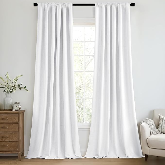 MIULEE 100% Blackout Curtains 90 Inch Long 2 Panels Set for Bedroom, Thick Faux Linen Black Out Curtain Room Darkening Back Tab Pleat Window Textured Drapes with Hooks for Living Room, Bright White-Ruum Studio Home
