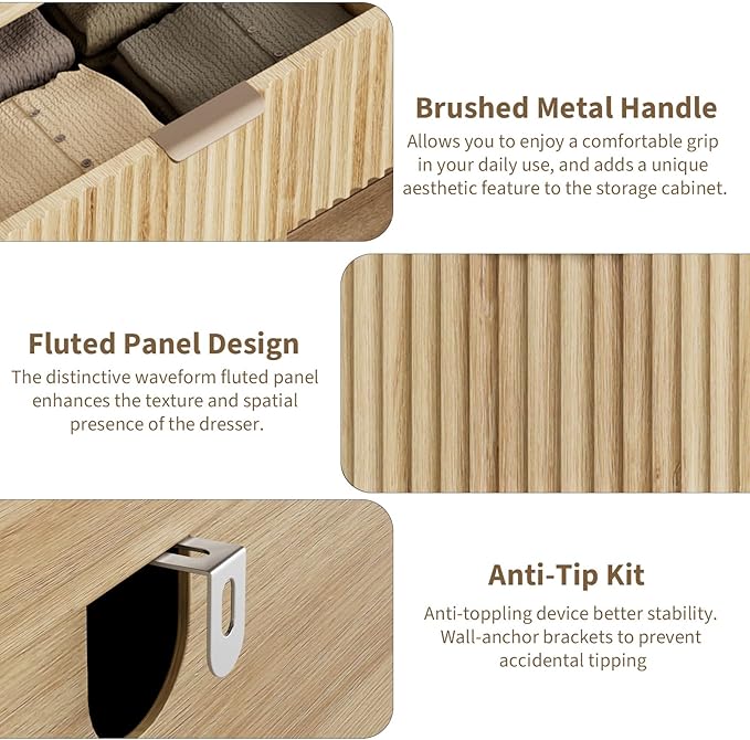 QUW Fluted Dresser for Bedroom with 6 Drawers, 47.2" Wide Modern Chest of Drawers with Metal Handle, Wooden Dresser TV Stand and Closet Clothes Storage Organizer for Living Room, Hallway, Natural Oak-Ruum Studio Home