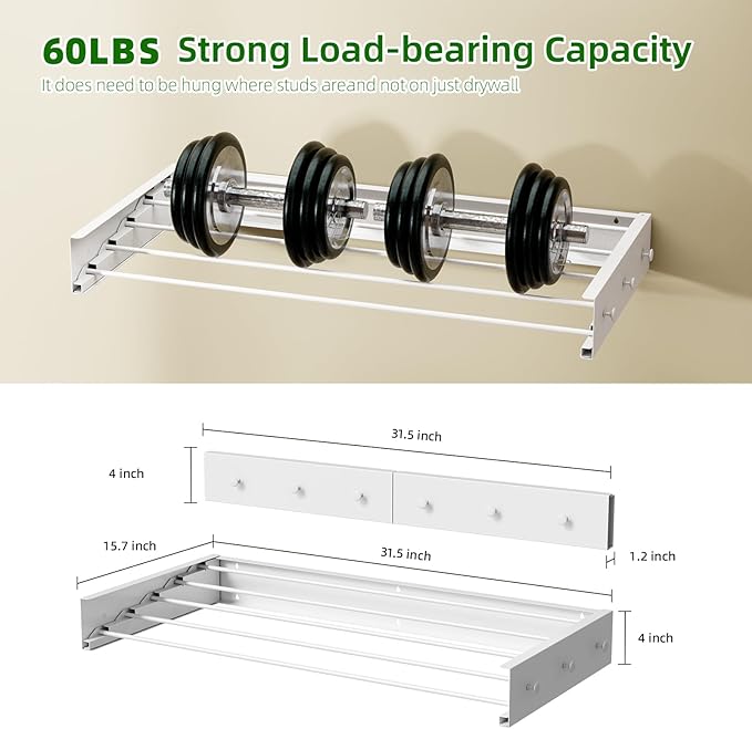Wall Mounted Drying Rack for Laundry 31.5'', Folding Drying Rack Clothing Wall Mount with 5 Rods and 6 Hooks, Space Saving for Indoor Outdoor Bathroom Balcony (White, 31.5'')-Ruum Studio Home