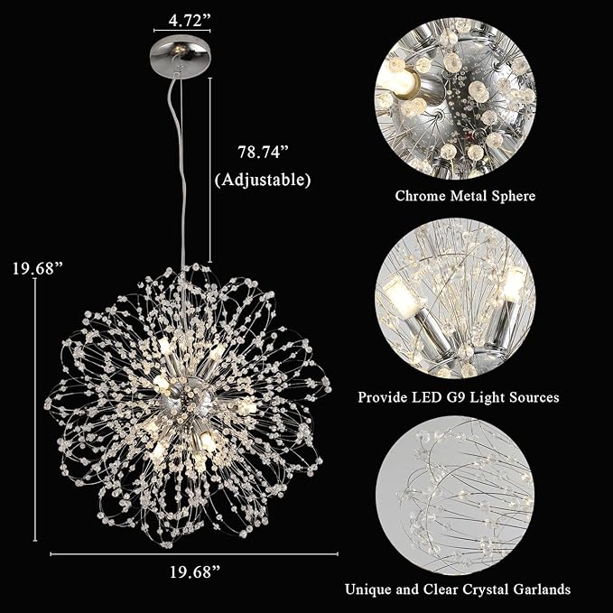 Sputnik Crystal Chandelier, Modern Beaded Ceiling Lamp with Chrome, Round Dandelion Pendant Light Fixtures for Living Room Bedroom Dining Room Farmhouse Kitchen Island (Chrome 9Lights)-Ruum Studio Home