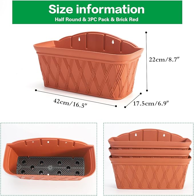 Sungmor 3 Pack Wall Hanging Planters, 16.5 Inch Railing Fence Hanging Flower Pots, Thickened Plastic Water Storage Plant Pot, Indoor Outdoor Garden Balcony Decor, Large Terracotta Color Plant Basket-Ruum Studio Home