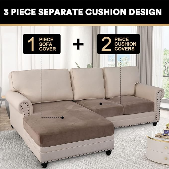PrinceDeco Sectional Couch Covers 3 Pieces Velvet Sofa Covers L Shape Soft Couch Covers for Sectional Sofa Corner Sofa Cover Couch Cover for Dogs Washable (2 Seater + 1 Chaise,Taupe)-Ruum Studio Home