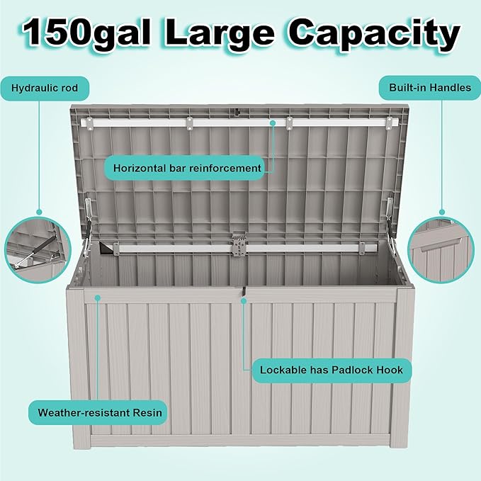 150Gal Outdoor Deck Box Waterproof, Lager Patio Storage Box Indoor and Outdoor Use, Lockable Resin Storage Bin for Patio Furniture Cushions Garden Tools, Package Delivery,UV Resistant-Grey-Ruum Studio Home