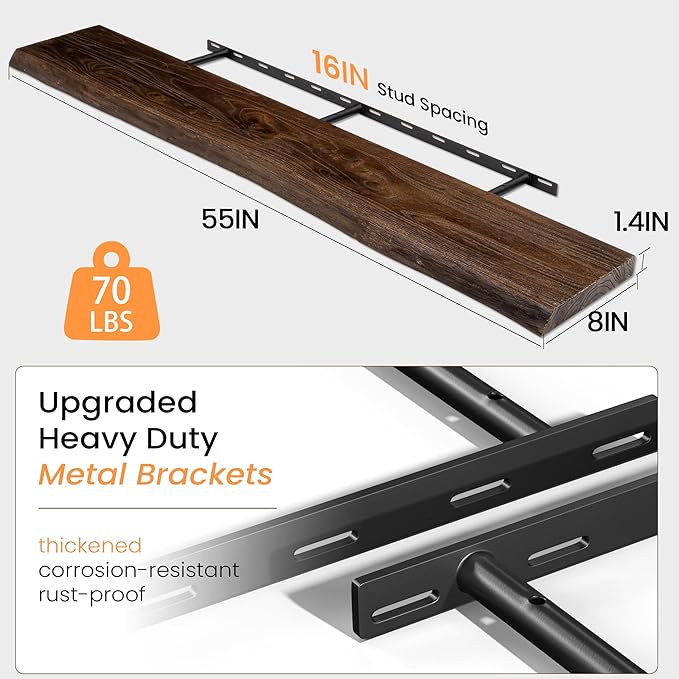 55 Inch Floating Shelves, Live Edge Elm Wood Floating Shelf for Wall, Wall-Mounted Display Shelves with Invisible Heavy-Duty Bracket, Long Floating Shelf for Kitchen, Living Room, Walnut Finish-Ruum Studio Home