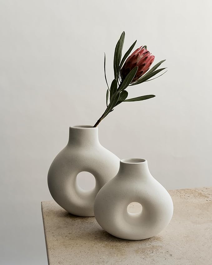 NOBULA White Ceramic Donut Vases – Modern Home Decor for Living Room, Bedroom & Table Centerpiece - Minimalist Nordic – Unique Vases for Olive Plant & Flowers – Decorative Coffee Table Vase Set of 2-Ruum Studio Home