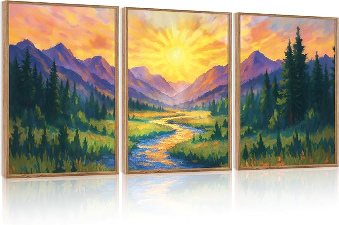 HPNIUB Vintage Mountain Framed Canvas Wall Art Set, Boho Sunrise Art Prints, Forest Nature Wilderness Art Paintings, Modern Farmhouse Pine Tree Wall Decor for Living Room Bedroom, Office- 16"x24"x3-Ruum Studio Home