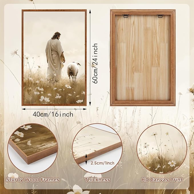 KAIRNE Jesus Framed Canvas Wall Art,Lost Sheep Wall Decor Set of 3(16”X24”),Holy Christian Art Print,Religious Scripture Pictures,Bible Renaissance Wall Painting for Living Room,Bedroom,Church Decor-Ruum Studio Home