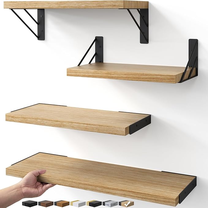 BAYKA Wall Shelves for Bedroom Decor, Floating Wall Shelves for Living Room Kitchen Storage, Wall Mounted Rustic Shelves for Kids Books, Corner Shelf for Bathroom(Carbonized Brown,Set of 4)-Ruum Studio Home