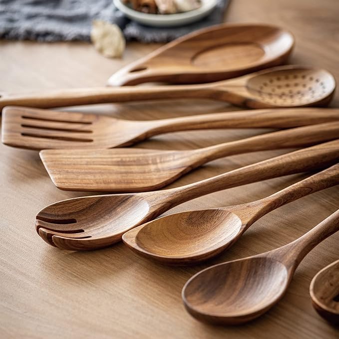 Gudamaye 13 inch Long Wooden Spoons for Cooking,Wooden Utensils for Cooking with Utensils Holder,9 PCES Wooden Kitchen Utensils Set with Utensils Holder and Spoon Rest,Natural Teak Wooden Spoons Set-Ruum Studio Home