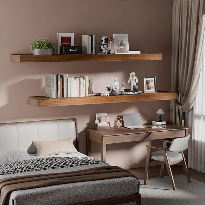 IAE Walnut Floating Wall Shelves 55 inch, Bathroom Shelves Wall Mounted,Invisible Shelves Floating Kitchen Shelves,Wooden Wall Shelves with Brackets for Living Room Wall Mounted,Easy Install,Set of 2-Ruum Studio Home