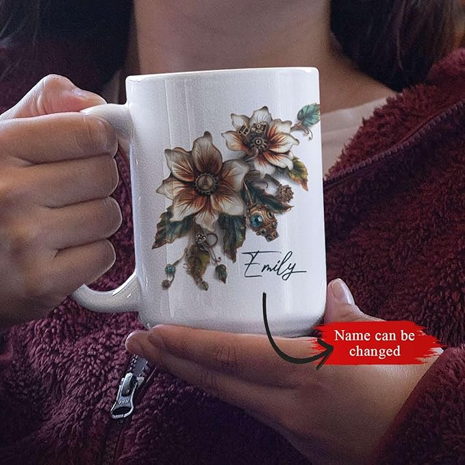Customized Name Coffee Cup, Custom Steampunk Floral Design Cup, Personalized Flower Lover Ceramic Cup 11oz, White Mug Gift For Floral Enthusiasts, Steampunk Flower Cup For Birthday-Ruum Studio Home