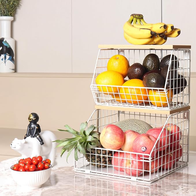 White Fruit Bowl, 2-Tier Fruit Basket for Kitchen Counter, Stackable Wall Mounted Veggie Storage, Snack Organizer, Potato and Onion Storage Basket, Hanging Pantry Organizer with Wood Lid, 2 Set-Ruum Studio Home