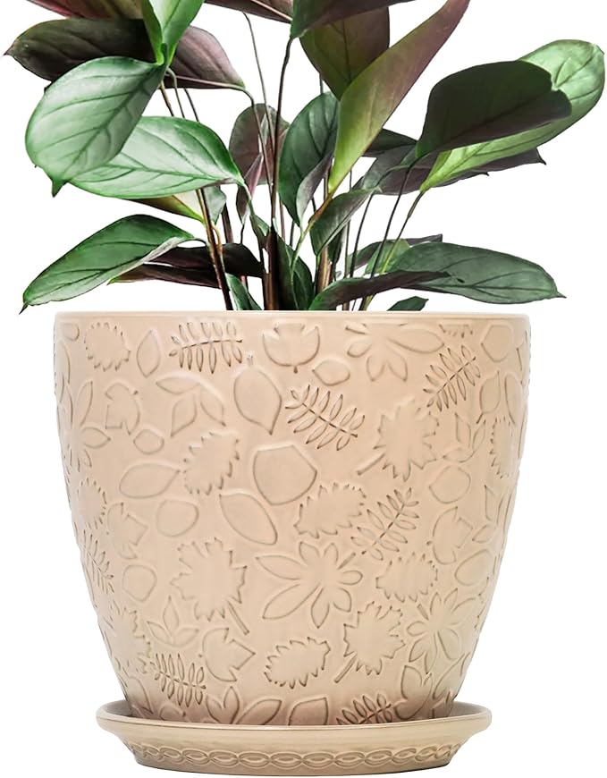 10inch Retro Ceramic Planter with Drainage Hole and Saucer for Multiple Plants, Indoor-Outdoor Garden Pots for Succulent, Orchid, and Flower (Fits Inner Pots Up to 9 Inch, Retro Peach)-Ruum Studio Home