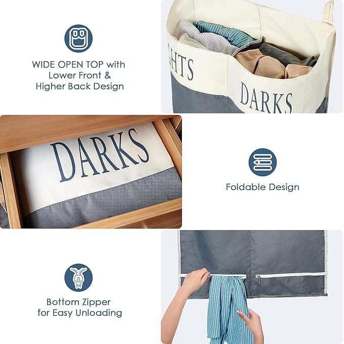 The Fine Living Co. X-Large Two Compartments Hanging Laundry Hamper with Over Door Hooks, Durable Space Saving Laundry Bag Storage with Bottom Zipper, Wide Open Top Dark/Light Compartment(25"x10"x31")-Ruum Studio Home