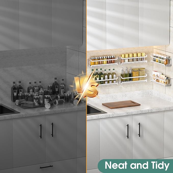 LUCYCAZ 6 Pack Wall Mounted Spice Rack with 22 Hooks, Spice Organizer Shelf for Stove Cabinet Pantry Door,Screw or Adhesive Spice Shelf Hanging Wall Spice Rack in Kitchen and RV (White, 6 PACK)