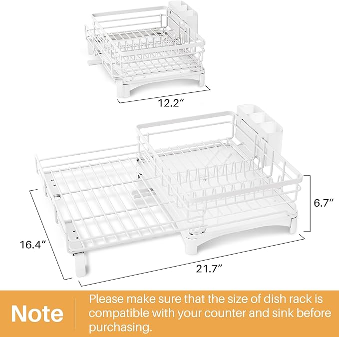 Dish Drying Rack - Extendable Dish Rack, Large Sink Drying Dish Drainer for Kitchen Counter, Stainless Steel Dish Strainer with Utensil Holder (White)-Ruum Studio Home