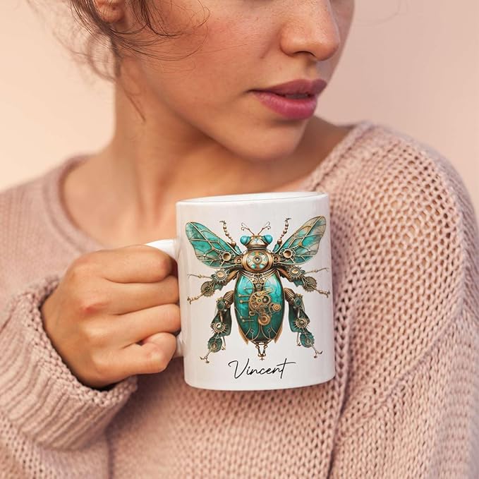 Unique Mechanical Insect Art Ceramic Cup, Personalized Steampunk Beetle Design Coffee Mug 11oz, Custom Name White Mug For Science Fiction Enthusiasts, Customized Insect Ceramic Mug-Ruum Studio Home