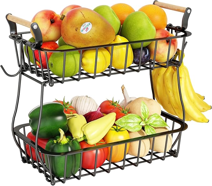 ANTOPY 2 Tier Fruit Basket with 2 Banana Hangers, Countertop Fruit Vegetable Basket Bowl for Kitchen Counter Metal Wire Fruits Storage Stand Holder Organizer for Bread Snack Veggies Produce-Ruum Studio Home