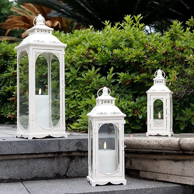 TRIROCKS Set of 3 Vintage Candle Lanterns 10/14/19.5'' High Decorative Outdoor Lantern Metal Candle Holder with Tempered Glass for Home Living Room Garden Yard Parties Events Indoors Outdoors (White)-Ruum Studio Home