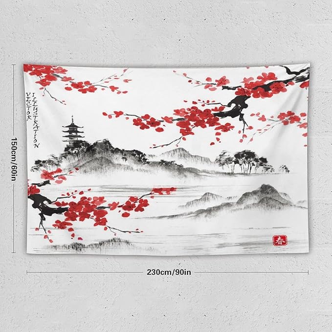 Cherry Blossoms Tapestry, Japanese Fuji Mountain Tapestry, Asian Japanese Wall Tapestry, Nature Landscape Tapestries for Bedroom Living Room Decor 90"x60"-Ruum Studio Home