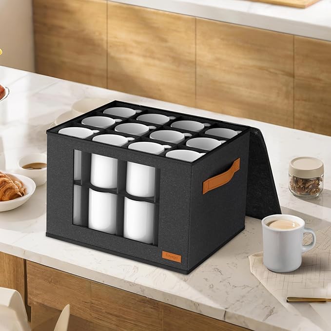 2-Layer Coffee Mug Storage Box with Dividers, Coffee Cup Storage Organizer with Zipper Lid and Handles, Stackable Mug and Cup organizer Service for 24 Coffee Mugs, Cups and Glasses, Dark Grey-Ruum Studio Home
