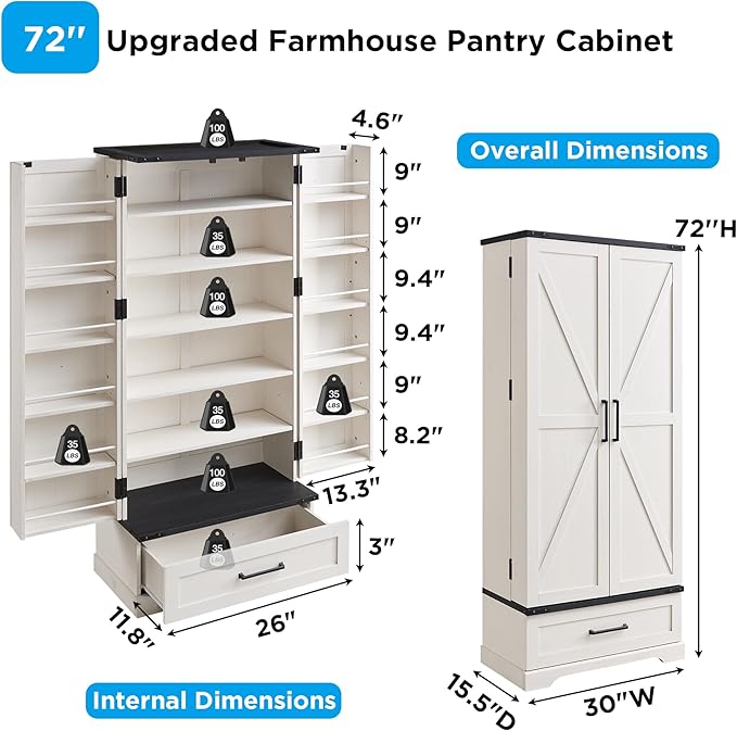 72" Farmhouse Kitchen Pantry Cabinet with Drawer, Tall Storage Cabinet with 2 Barn Doors and Shelves, Versatile Large Rustic Cupboard for Dining Room, Bathroom, Living Room, Laudry, White-Ruum Studio Home