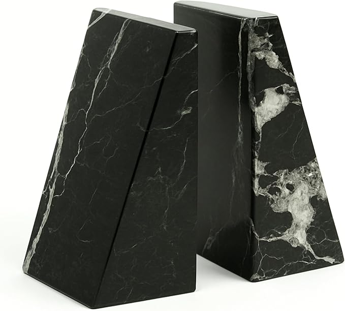 Bey-Berk Black Zebra Marble Bookends, Black ? 7.25" Tall, White Veins, Heavy-Duty Triangular Stone Book Stopper-Ruum Studio Home