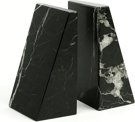 Bey-Berk Black Zebra Marble Bookends, Black ? 7.25" Tall, White Veins, Heavy-Duty Triangular Stone Book Stopper-Ruum Studio Home