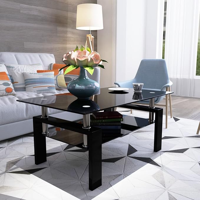 Black Glass Coffee Table for Living Room, Mordern Rectangle Tempered Glass Sofa Center Tables with Black Metal Leg for Home Office-Ruum Studio Home