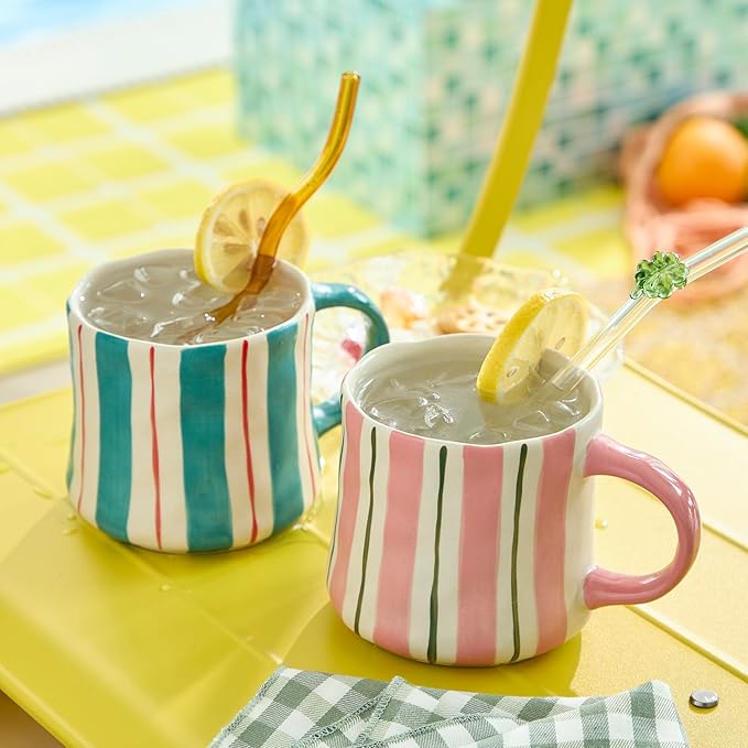 Striped Ceramic Coffee Mugs Set - 2 Pack, Pink & Green，Perfect for Morning Brew or Tea and Cocoa - for Coffee Lovers-Ruum Studio Home