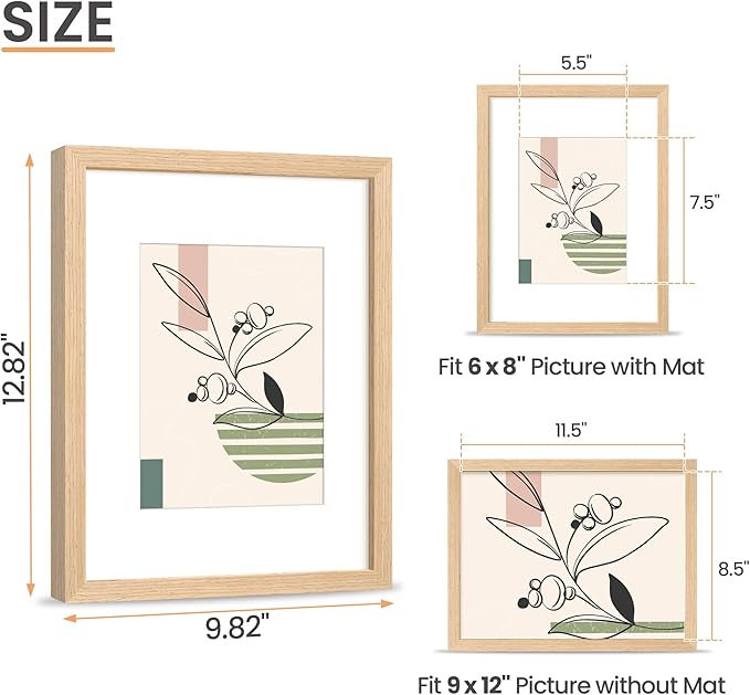 upsimples 9x12 Frame, Natural Solid Wooden Picture Frames, Display 6x8 with Mat or 9 x 12 Without Mat, Wall or Tabletop, 1 Pack, Natural-Ruum Studio Home