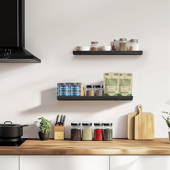 Floating Wall Shelves 2-Pack - Rustic Black 16-inch Wooden Wall Shelves for Storage and Décor, Multi-Functional and Easy to Install for Living Room, Bedroom, and Kitchen-Ruum Studio Home