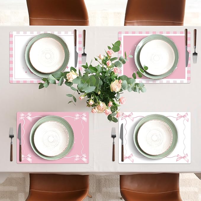 Pink Bow Plastic Place Set of 6 Cute Coquette Butterfly Bowknot Dinner Table Mats Pink Ribbon Bow Mats Wedding Baby Shower Birthday Table Decoration for Indoor Outdoor Party Kitchen Dining-Ruum Studio Home