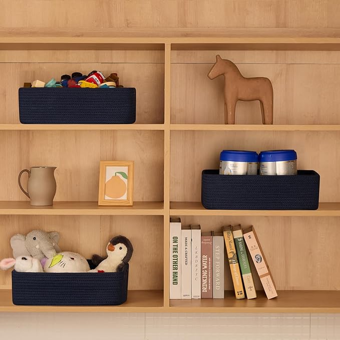 Large Shallow Organizing Baskets 15x11x5.1 Inches - Rope Woven Storage Bins for Bathroom, Shelves, Cube Closet, Navy Blue 2 Packs-Ruum Studio Home