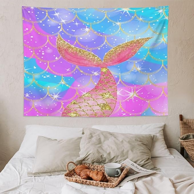 HZOHNAGO Mermaid Scales Tapestry Colorful Shiny Scales Mermaid Tail Pattern Printed Wall Tapestry Wall Hanging for Bedroom Living Room Dorm 80" W x 60" H-Ruum Studio Home