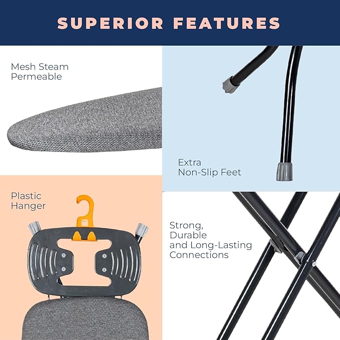 Ironing Board with Iron Rest, Iron Board with 3 Layers Extra Thick Cover, Compact and Space Saver Foldable Ironing Board, Adjustable Height, Easy Storage with Smart Hanger and Lightweight Design-Ruum Studio Home