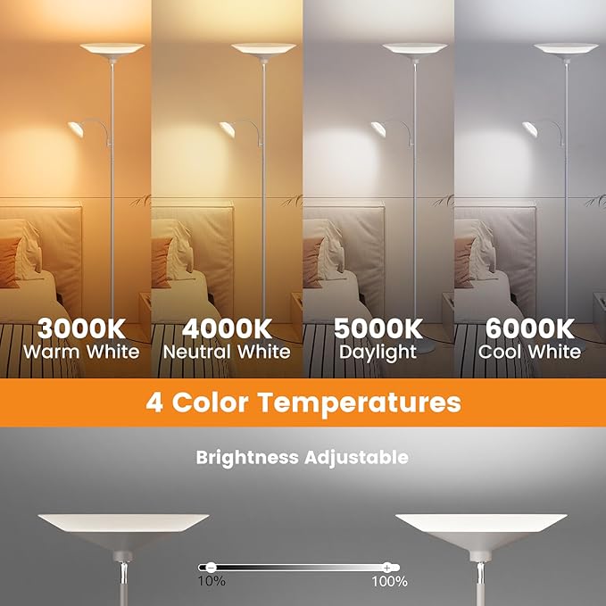 Sliver Gray Torchiere Floor Lamp with Reading Light, 4 Color Temperatures, Dimmable & Individual Light Control Standing Lamp, 34W Bright Tall Lamp with Remote for Living Room Bedroom Office-Ruum Studio Home