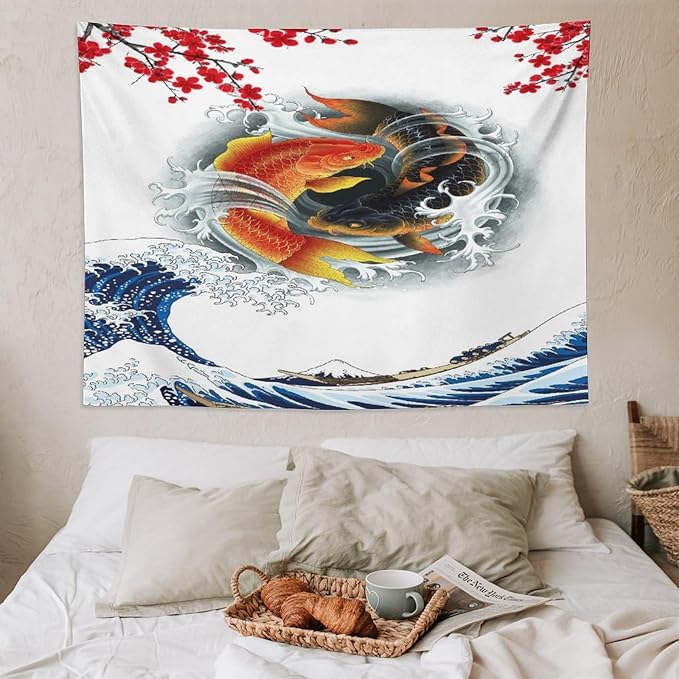 Houselerax Koi Fish Tapestry, Japanese Style Yin Yang Big Wave Cherry Blossoms Tapestries Wall Hanging for Bedroom Living Room Office Decor 80"x60"-Ruum Studio Home
