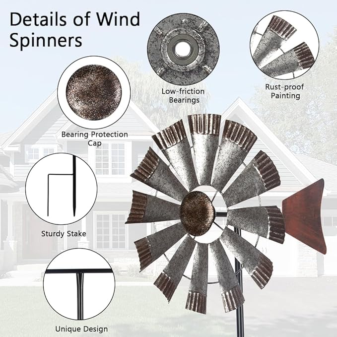 Wind Spinners Outdoor，Metal Vintage Style Single Sided Silver Windmill Kinetic Wind Spinner for Outdoor Garden Patio Yard Decor,Diameter 13 Inches-Ruum Studio Home