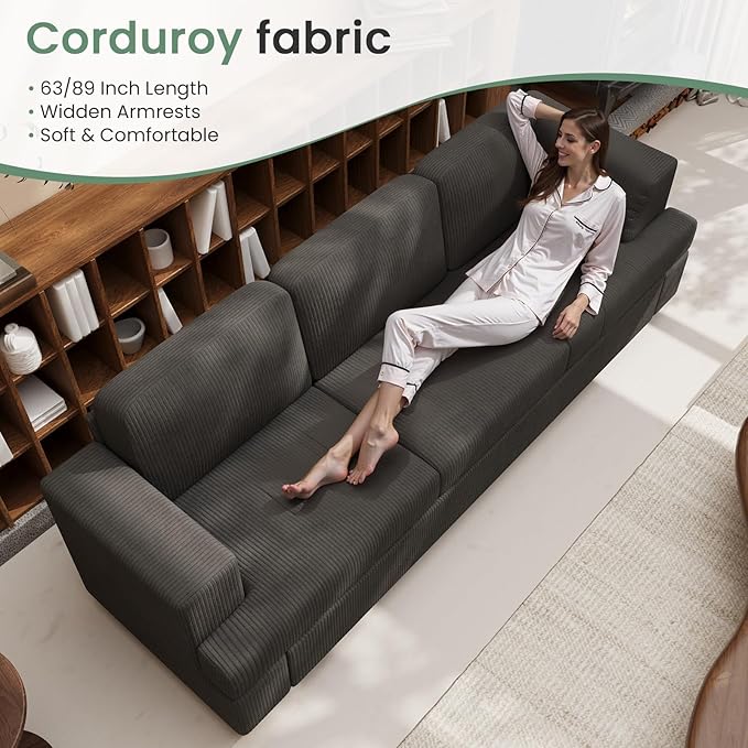 2 Piece Set Comfy Sofa Couch, 2 3-Seater Sofa with Deep Seats, Modern Sleeper Couch for Living Room, Black Corduroy-Ruum Studio Home