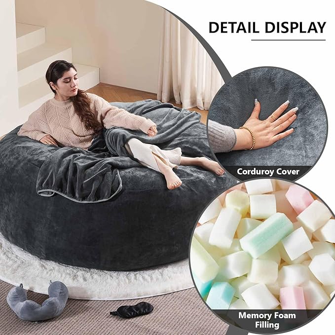 6FT,Oversized Bean Bag Chairs for Adults,Giant beanbag with Filler Included，Fluffy Memory Foam,Soft and Comfy Corduroy Fabric,Gaming Chairs Suitable for Living Room and Bedroom (Dark Gray, 6 Foot)-Ruum Studio Home